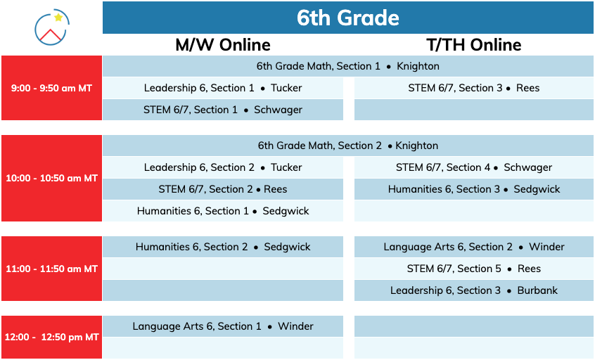 6th Grade Live Online Schedule