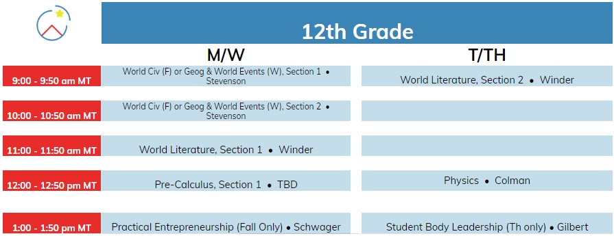 12th Grade Live Online Course Schedule Leadership Academy of Colorado